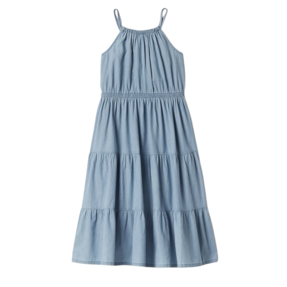 Gap Kids Chambray Tiered High Neck Midi Dress Girls Size Small 6-7 Blue NWT